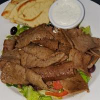 Lamb Salad · Greek Salad with lamb gyro meat on top.