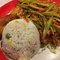 Szechuan Chicken · Hot and spicy. Sliced white chicken meat stir fried with celery, carrots, green onions and c...
