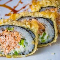 Bagel Tempura Roll · Deep fried with salmon, scallions &  cream cheese served with Eel sauce.