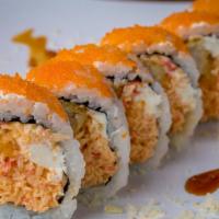 Jennifer Roll · Shrimp tempura, spicy krab, cream cheese with masago on top, served with Eel sauce.