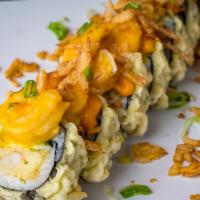 Shrimp Killer Roll · Deep fried with shrimp tempura, avocado, crispy onions, asparagus tempura, cilantro, topped ...