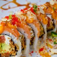 *Angry Bird Roll · Smoked salmon with shrimp tempura, avocado, cream cheese, tomatoes, red tobiko, tempura flak...