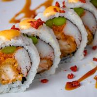 Lobster Roll · Lobster tempura, asparagus, avocado, krab, sesame seeds and bacon bits on top served with Ee...