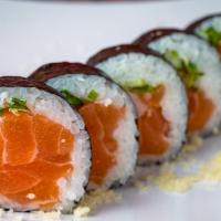 *Salmon Roll · Salmon, scallions & seaweed outside.