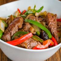 Pepper Steak · Beef, bell peppers, onions, mushrooms sautéed with oyster sauce.