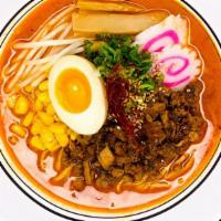 (R4) Spicy Miso Ramen · [Pork Broth] [Egg Thick Noodle] Spicy chopped pork, bean sprout, bamboo shoot, fish cake, sc...