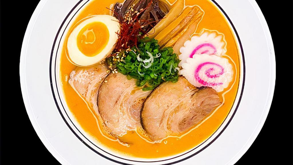 (R2) Spicy Tonkotsu Ramen · [Pork Broth] [Wheat Noodle] Chashu, wood ear mushroom, bamboo shoot, fish cake, scallions, soft boiled egg & shredded chili pepper.