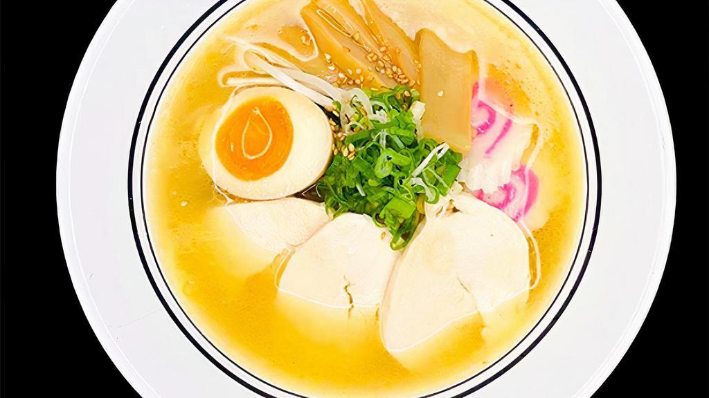 (R6) Chicken Ramen · [Cloudy Chicken Broth] [Egg Thin Noodle] Sliced chicken, bean carrot, bamboo shoot, fish cake, scallions & soft boiled egg.
