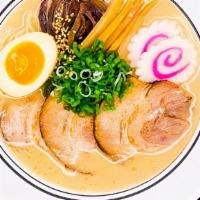 (R1) Tonkotsu Ramen · [Pork Broth] [Wheat Noodle] Chashu, wood ear mushroom, bamboo shoot, fish cake, scallions & ...