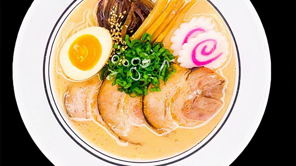 (R1) Tonkotsu Ramen · [Pork Broth] [Wheat Noodle] Chashu, wood ear mushroom, bamboo shoot, fish cake, scallions & soft boiled egg. scallions & soft boiled egg.