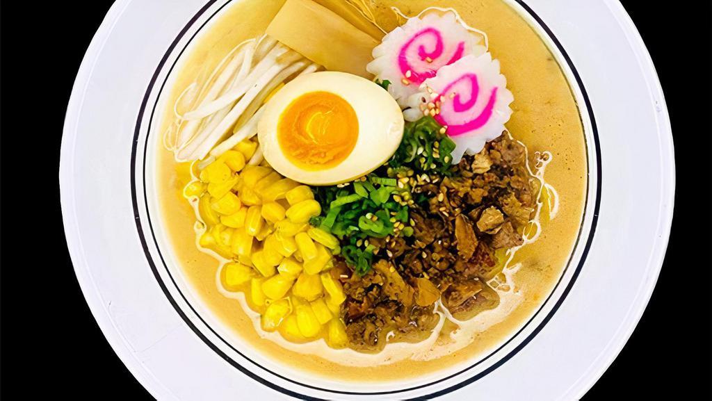 (R3) Miso Ramen · [Pork Broth] [Egg Thick Noodle] Chopped pork, bean sprout, bamboo shoot, fish cake, scallion, butter corn & soft boiled egg.