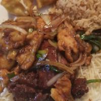 Mongolian Triple · Fresh jumbo shrimp, sliced chicken, & tender beef sautéed with Mongolian sauce (most popular...