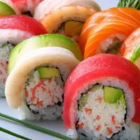 Rainbow Roll (8) · Rice: Outside. Inside: Imitation crab, avocado, cucumber. Outside: Salmon, tuna, yellowtail,...
