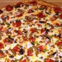 Deluxe Pizza · Pepperoni, ham, bacon, mushrooms, peppers, onions and black olives.