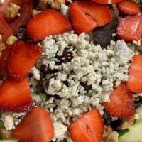 Summer Salad · Strawberries, candied walnut, Roma tomato, cucumber, red onion, with a choice of feta, goat ...
