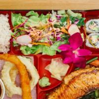 Salmon Teriyaki Box · Salmon teriyaki, pan fried vegetables four pieces California roll, one piece tempura shrimp,...