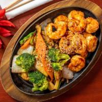 Shrimp Teriyaki (Dinner) · Shrimp teriyaki, pan fried vegetables, and steam or fried rice. Served with soup and salad.