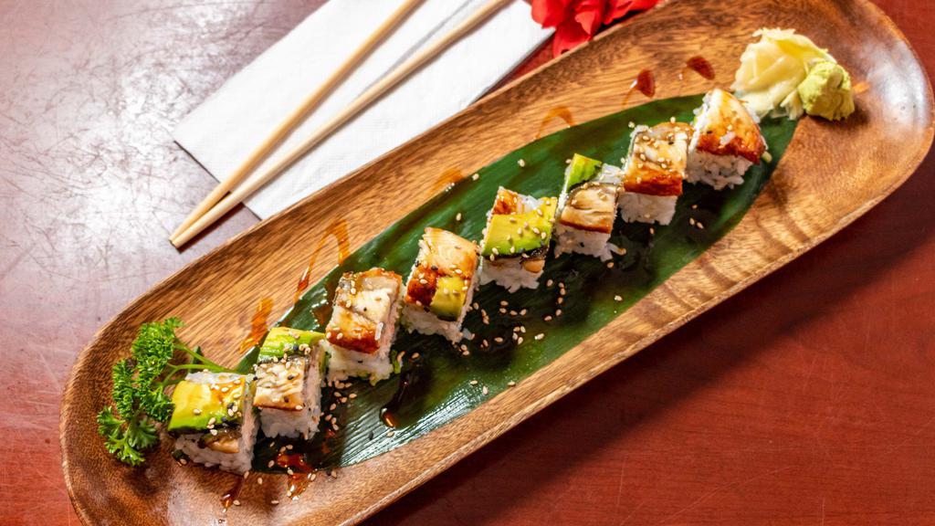 Flying Dragon Roll · Cucumber, avocado, and crabmeat. roll topped with BBQ eel, avocado with eel sauce.