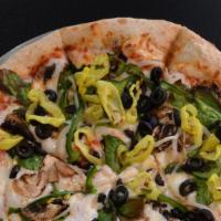 Veggie Eaters · Onions, tomato sauce, green peppers, mushrooms, olives, spinach, and banana peppers.