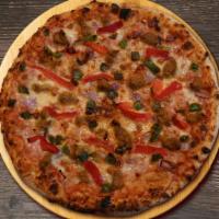 Sausage & Peppers · Signature marinara, shredded mozzarella, italian sausage, red onion, green and red peppers.