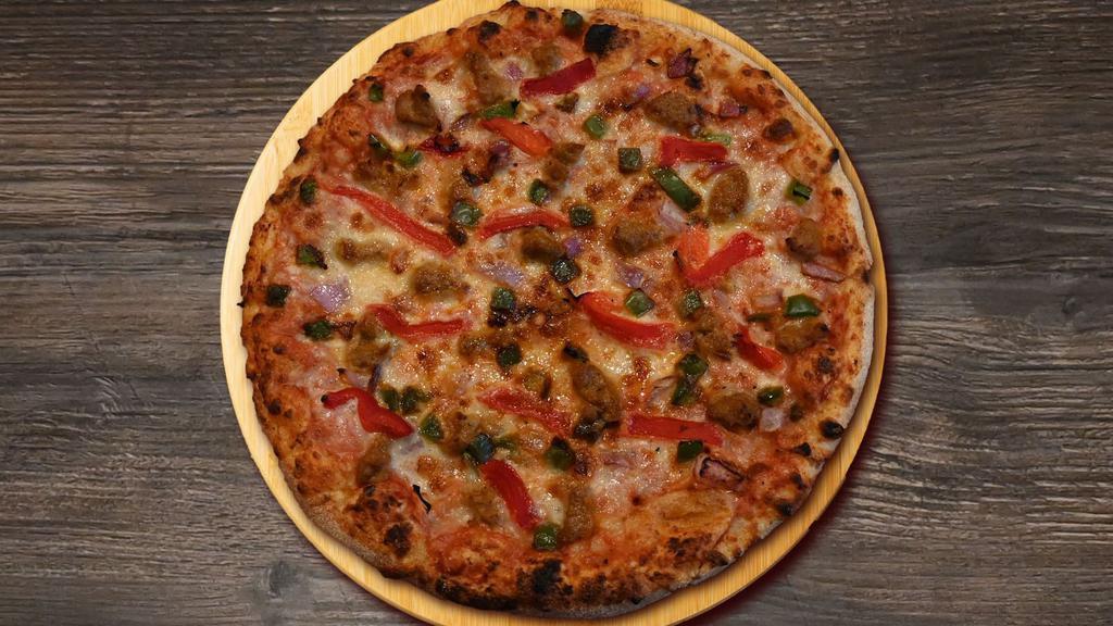 Sausage & Peppers · Signature marinara, shredded mozzarella, italian sausage, red onion, green and red peppers.