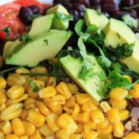 Southwest Grain Bowl · Tri-colored quinoa with grilled corn, avocado, red onion, tomato, black beans, spinach and c...