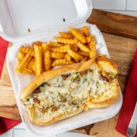 Philly Cheese Steak · Choice of white bread or flat bread wrap with pickles and fries.