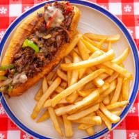 Philly Cheese Steak Sandwich · Sirloin beef, peppers, onions, mushrooms, and provolone cheese, served on a toasted buttered...