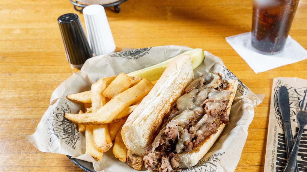 Philly · Melt-in-your-mouth Philly Steak or Chicken smothered with grilled peppers, onions, and mushrooms & covered with melted Provolone cheese on a freshly-toasted hoagie roll.