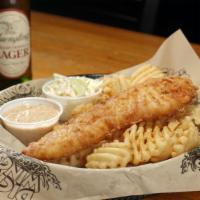 Fish & Chips · Yuengling battered haddock served with Victory Lane tartar sauce and creamy coleslaw.