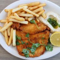 Schnitzel (Breaded Chicken) Plate · Schnitzel (breaded chicken) on a plate with your choice of salads and a pita. Served with a ...