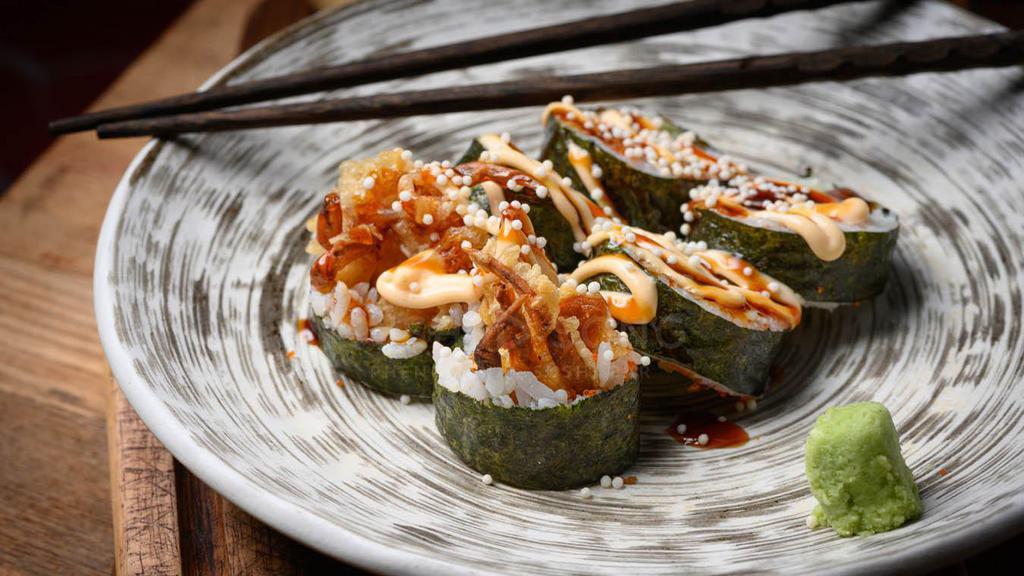 Spider Roll · Soft shell crab tempura, avocado, masago and cream cheese topped with eel sauce and spicy mayo.