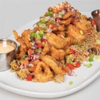 Jalea Rice · Wok Rice with Sweet Plantains, Red Bell Peppers. Green Onions. Deep Fried Calamari, Shrimp, ...