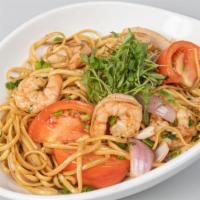 Wok-Tossed Noodles With Wok Smoked Shrimp · Wok-seared Noodles with Shrimp, Onions, Tomatoes  and our special. sauce
