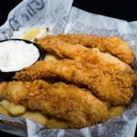 Fish & Chips · Hand-breaded flaky white fish sticks crisped to perfection – served with tangy tartar sauce ...