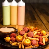 Salchipapa Mix · Yes a mix of French Fries imported Yellow potatoes and  Nathan's Famous Premium Beef Sausage...