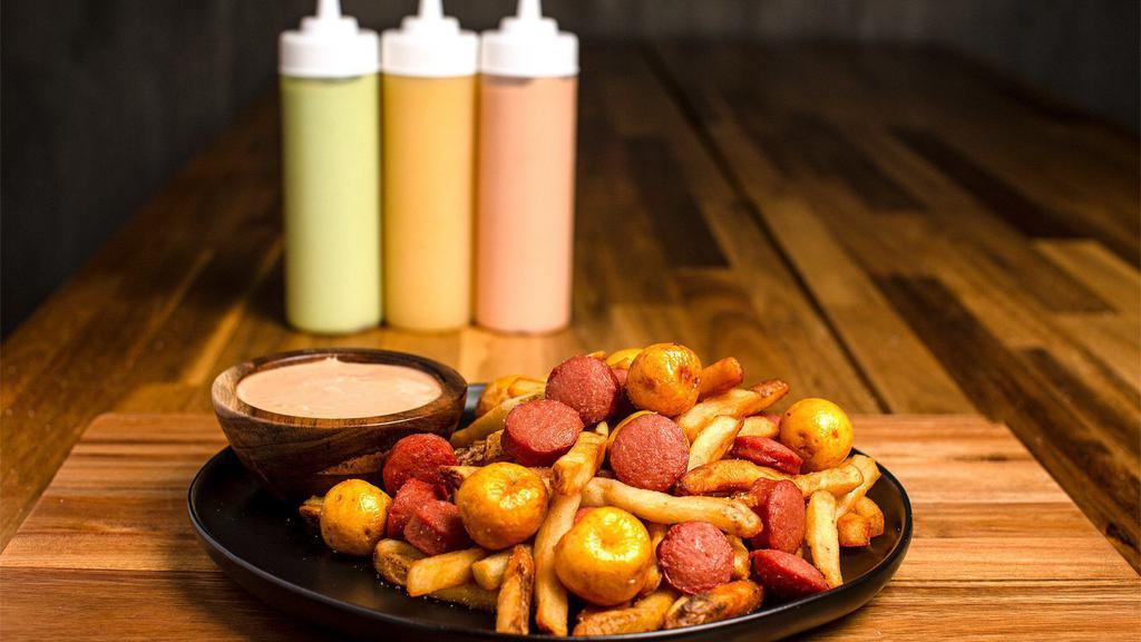 Salchipapa Mix · Yes a mix of French Fries imported Yellow potatoes and  Nathan's Famous Premium Beef Sausage! mmm!
