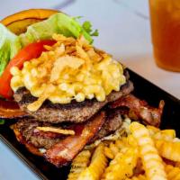 The King'S Burger · Angus beef topped with bacon, fried onions, macaroni & cheese, lettuce, tomato, garlic aioli...