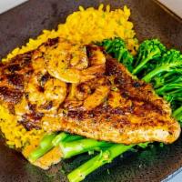 New Orleans Seafood · Blackened catfish and shrimp served with rice and sauteed broccoli