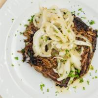 Vaca Frita · Steak Style, 20 hours sous vide australian Flank Steak, Cuban Mojo