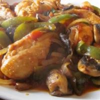Chicken Cacciatore · Chicken breast, bell peppers, onion, and mushrooms in marinara sauce. Served a side of spagh...