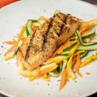 Filetto Di Salmone · Grilled salmon fillet. Served with a side of vegetables.