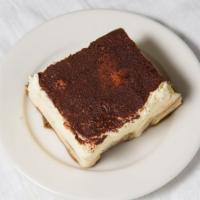Tiramisu · Light cake dipped in coffee and then layered with mascarpone.