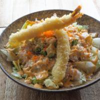 Sumo Crunch Poke Bowl · Shrimp tempura, surimi crab, cucumber, avocado, Sriracha mayo