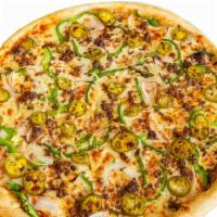 Mexican · Real mozzarella cheese, fresh sliced onions, smokey chorizo, beef, jalapeño and bell peppers.