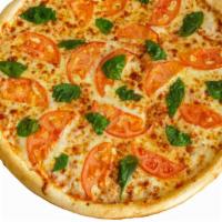 Margherita Pizza · Real mozzarella cheese, Garlic, Extra virgin Olive Oil, Fresh Tomato and Fresh/Shredded Basil.