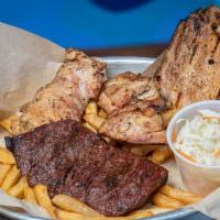 Parrilla Mixta · Churrazco , Chicken and Pork Chop server with French Fries and coleslaw