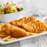 Fish 'N Chips · Three crispy cod fillets, served with tartar sauce, fries and a fresh garden salad.   .