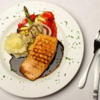 Grilled Salmon, Balsamic Reduction · Sautéed salmon in a balsamic reduction sauce served with mashed potatoes and vegetables.