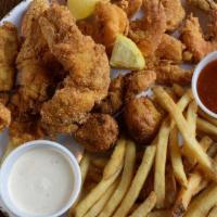 Fried Shrimp & Catfish · Six shrimp and four large catfish strips. Served with fries and hushpuppies.